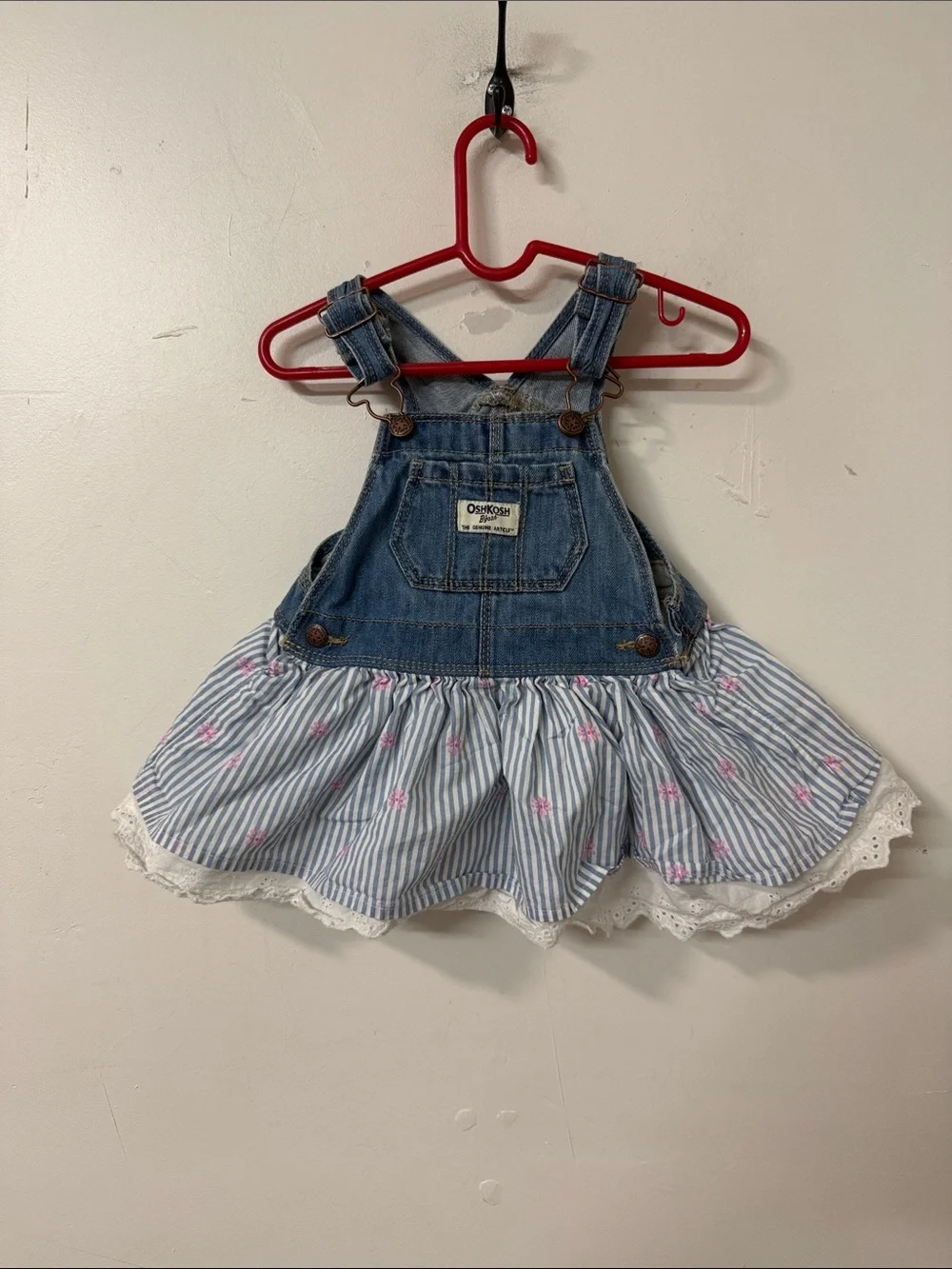OshKosh B'gosh Denim Overall Dress with Blue Striped Skirt and Pink Accents